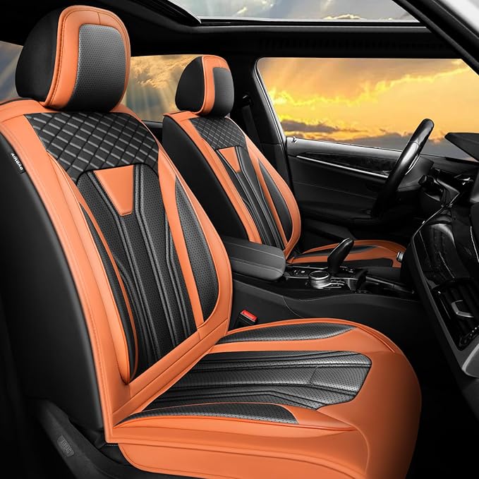 Fit Versa Car Seat Covers Compatible with Nissan Versa 2008-2025 2026 - Full Set Premium Leather， Waterproof Breathable， All-Weather Seat Cushion Protecto&Airbag Compatible （Orange&Black