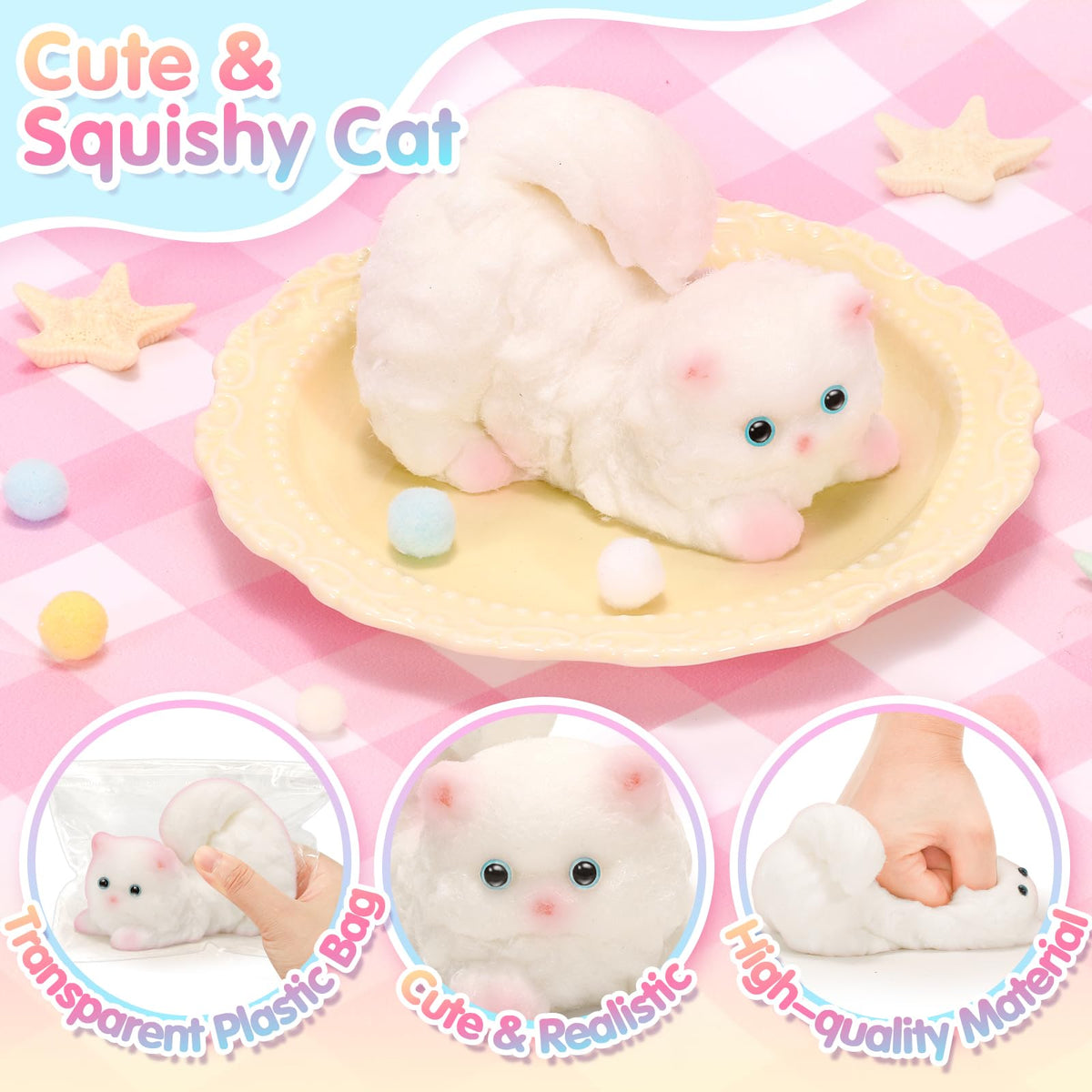 CatchCute Big Squeeze Cat Toys with Basket,Soft Cat Squishies Sensory Fidget Toys for Stress Anxiety Relief, Sticky Toys Party Favors Christmas Birthday Gift for Kids Teens