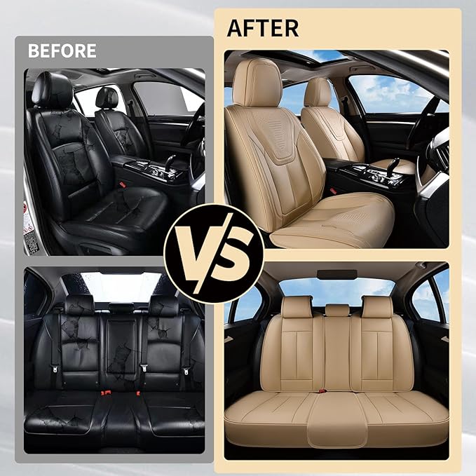 FLORICH Automotive Seat Covers, Beige Car Seat Cover Full Set, Luxury Faux Nappa Leather Automotive Seat Protectors, Car Seat Cushions Universal Fit for Most Sedans SUVs Trucks - Beige