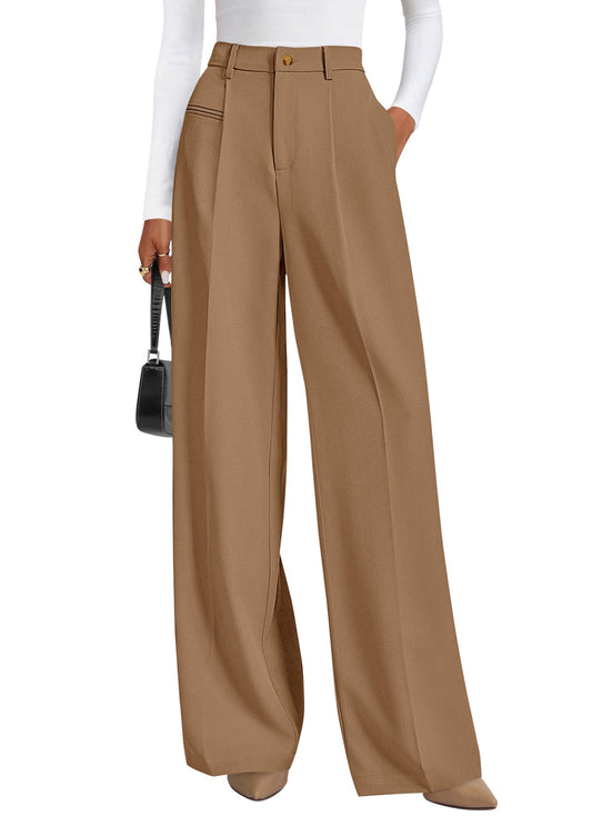 PRETTYGARDEN Women's Tailored Wide Leg Work Dress Pants,Khaki,L