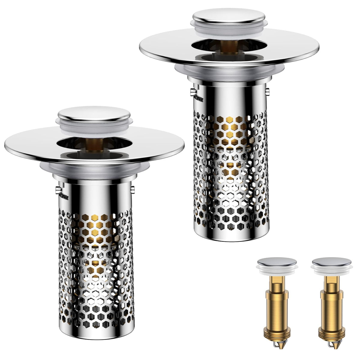 Bathroom Sink Drain Strainer,Universal Pop-Up Sink Stopper Hair Catcher, Anti-Clog Stainless Steel Drain Filter Basket, Removable Sink Drain for Bathroom Sink Stopper (Ysilver-2（with Buckle）)