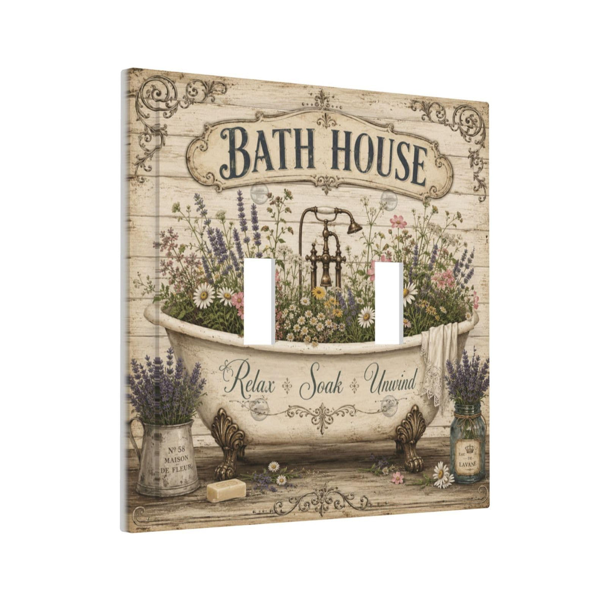 VBHUYG Decorative Light Switch Cover Plate Rustic Clawfoot Tub with Lavender Wildflowers 2 Gang Outlet Covers Double Toggle Wall Plates for Electrical Switch Plate Covers Faceplate for Home Decor