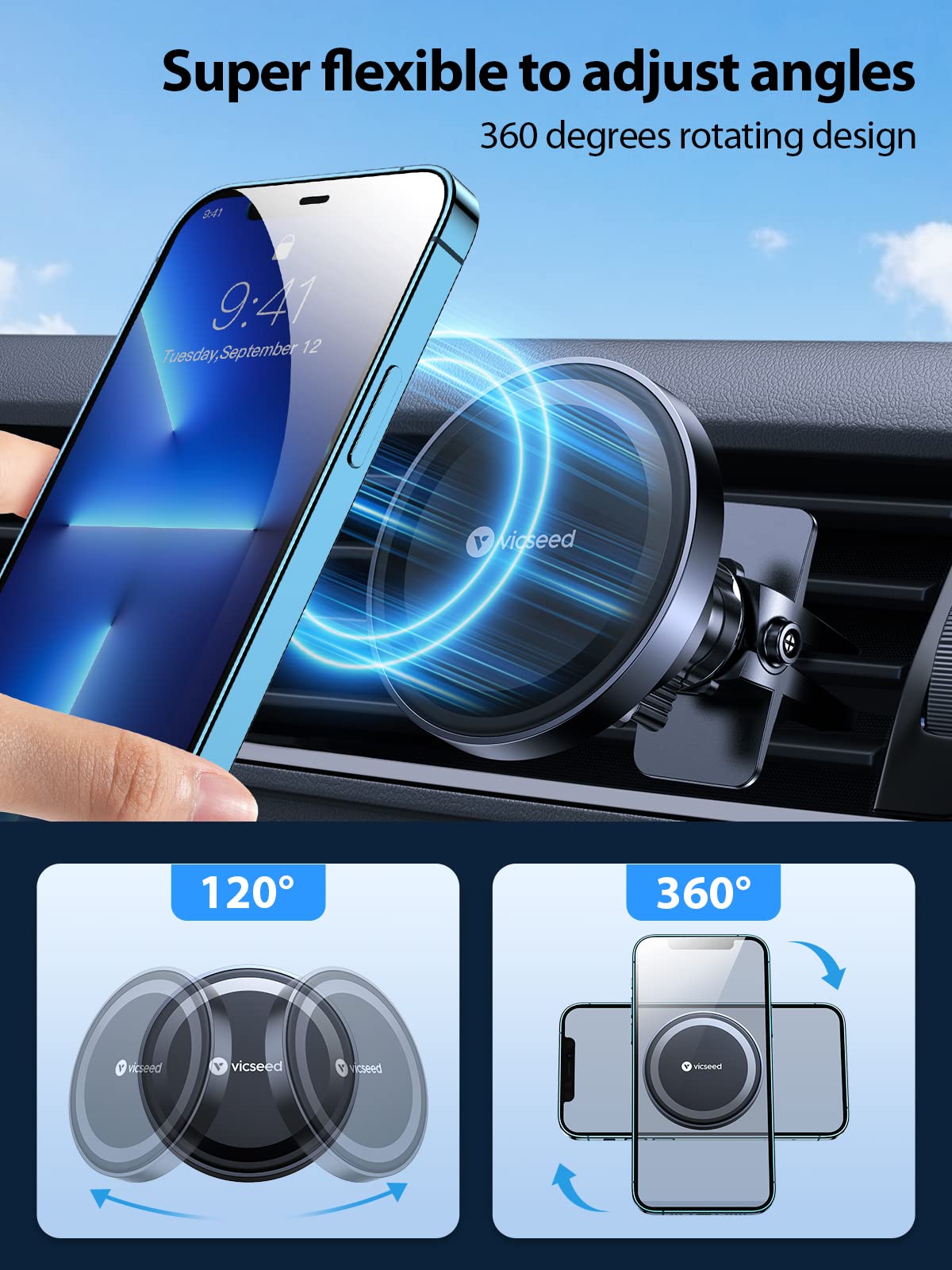 VICSEED for MagSafe Car Mount [Upgraded Strongest Magnet Power] Magnetic Phone Holder for Car Vent 360 Adjustable Magnetic Car Phone Holder Mount for iPhone 18 Pro Max 17 16 15 14 13 12 Plus Mini