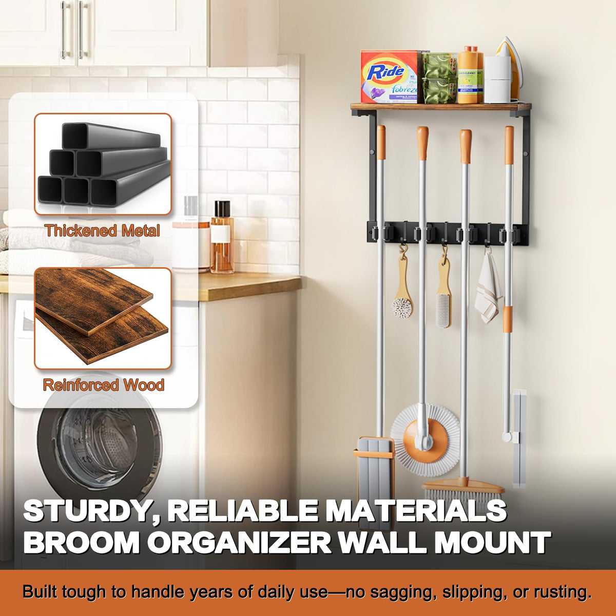 Olakee Broom Holder Wall Mount with Cleaning Supplies Organizer, Laundry Room Organization and Storage Shelves, Mop Hanger Broom Rack with Hooks, Home Improvement Kitchen Shelf Garage Organizer