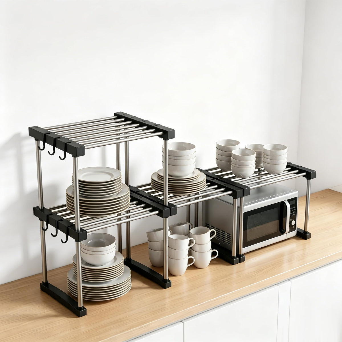 Expandable Cabinet Organizer Shelf, Stackable Storage Shelves(2 PACK)