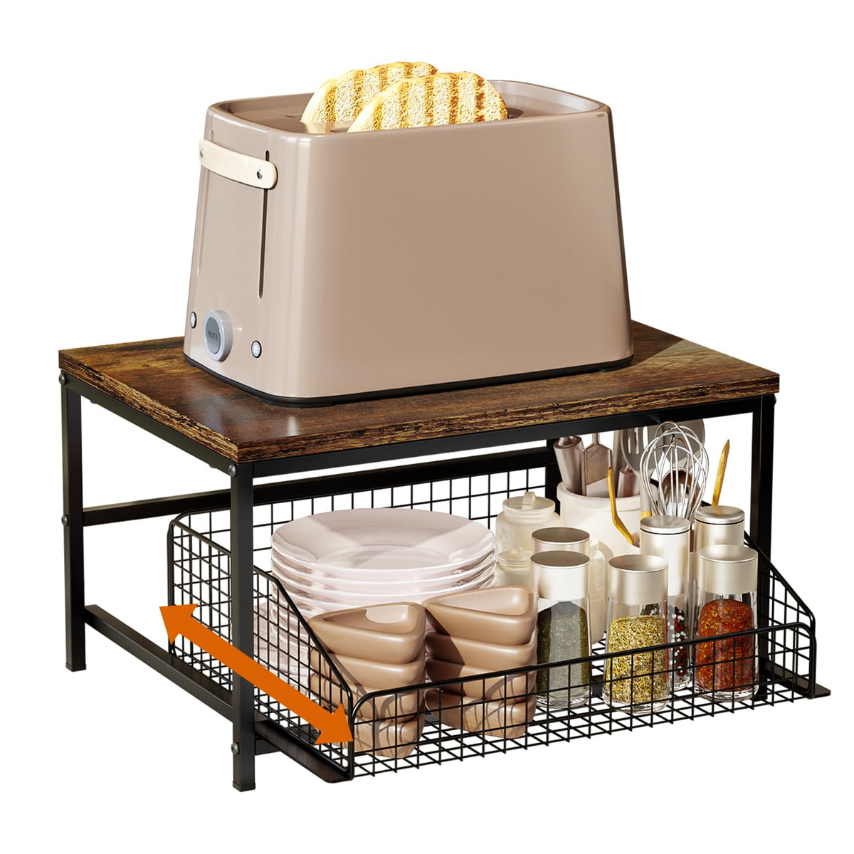 KLM Pull Out Spice Rack Organizer for Cabinet,Rustic Wood Top with Wire Basket Storage,Kitchen Countertop Organizer and Storage for Pantry, Counter top,Coffee Station Wood. (Brown)