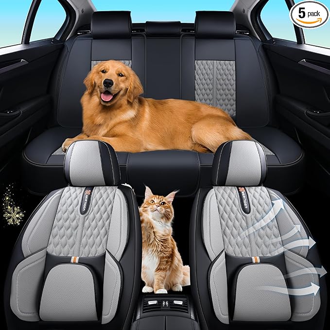 Car Seat Cover Full Set, Universal Car Seat Cover for Cars, Black and Gray, with Lumbar Support, Premium Artificial Leather, Waterproof and Easy to Clean, Airbag Compatible