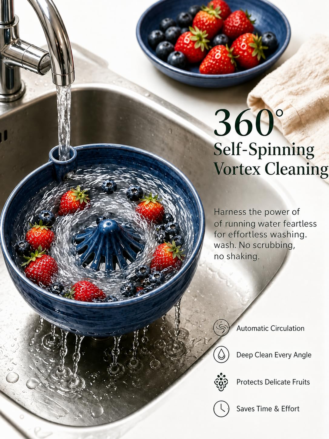 Berry Bowl Fruit Washer with Strainer Holes Ceramic, Ceramic Fruit Bowl Self-Spinning Automatic 360° Swirling Vortex Berry Rinser & Vegetable Colander, Handmade Multipurpose Cleaner Bowl(Blue)