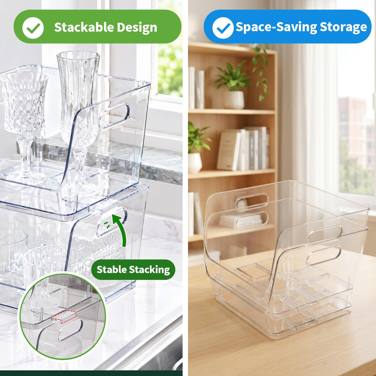 Maxset 2 Pack Clear Storage Bins, Pantry Organizer Bins with Handle