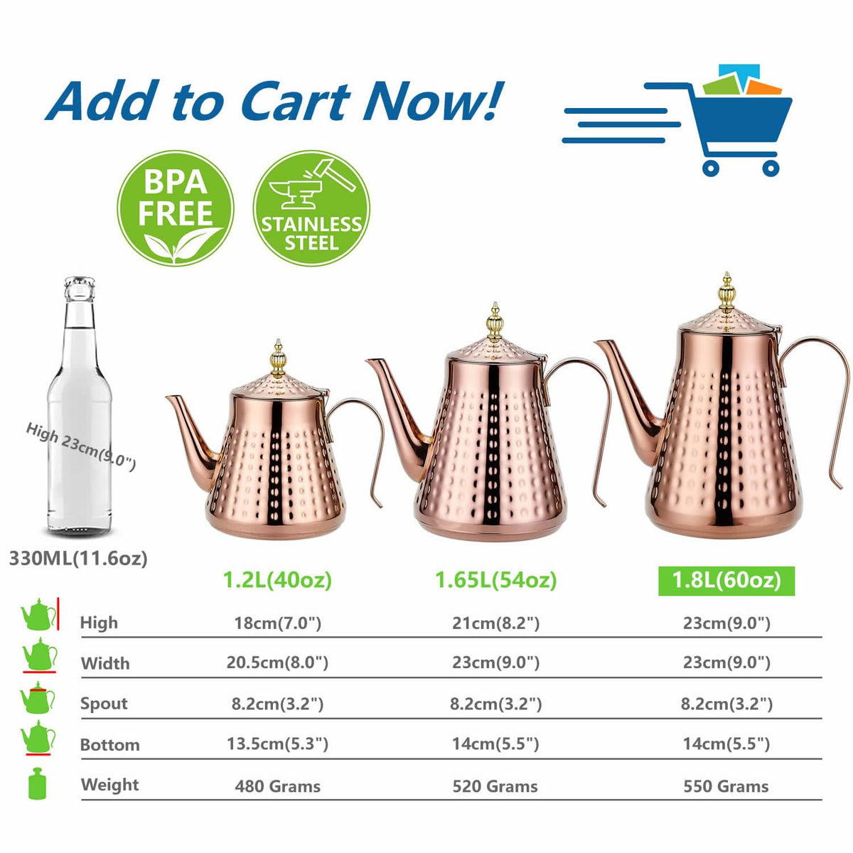 SANQIAHOME 1.8L(60oz) Stainless Steel Hammer Patterned Teapot With Removeable Infuser,Loose leaf cover,Copper