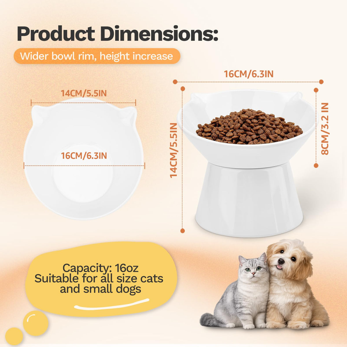 Raised Cat Bowls, 6.3" Extra Wide Shallow Elevated Cat Bowl Detachable, 15° Tilted Whisker Friendly Cat Feeding Bowl, 16oz Capacity, Anti-Vomiting, Neck Protection, Food&Water for Cats Puppies, White