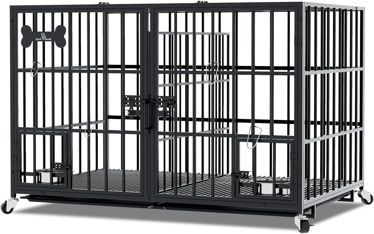 aboxoo 42/48 inch Heavy Duty Metal Dog Crate for 2 Dogs/Large Dog,All Metal Open Top Stackable,Dog Kennel Indoor with Wheels,Floor Grid, Tray, Divider and Feeding Bowl
