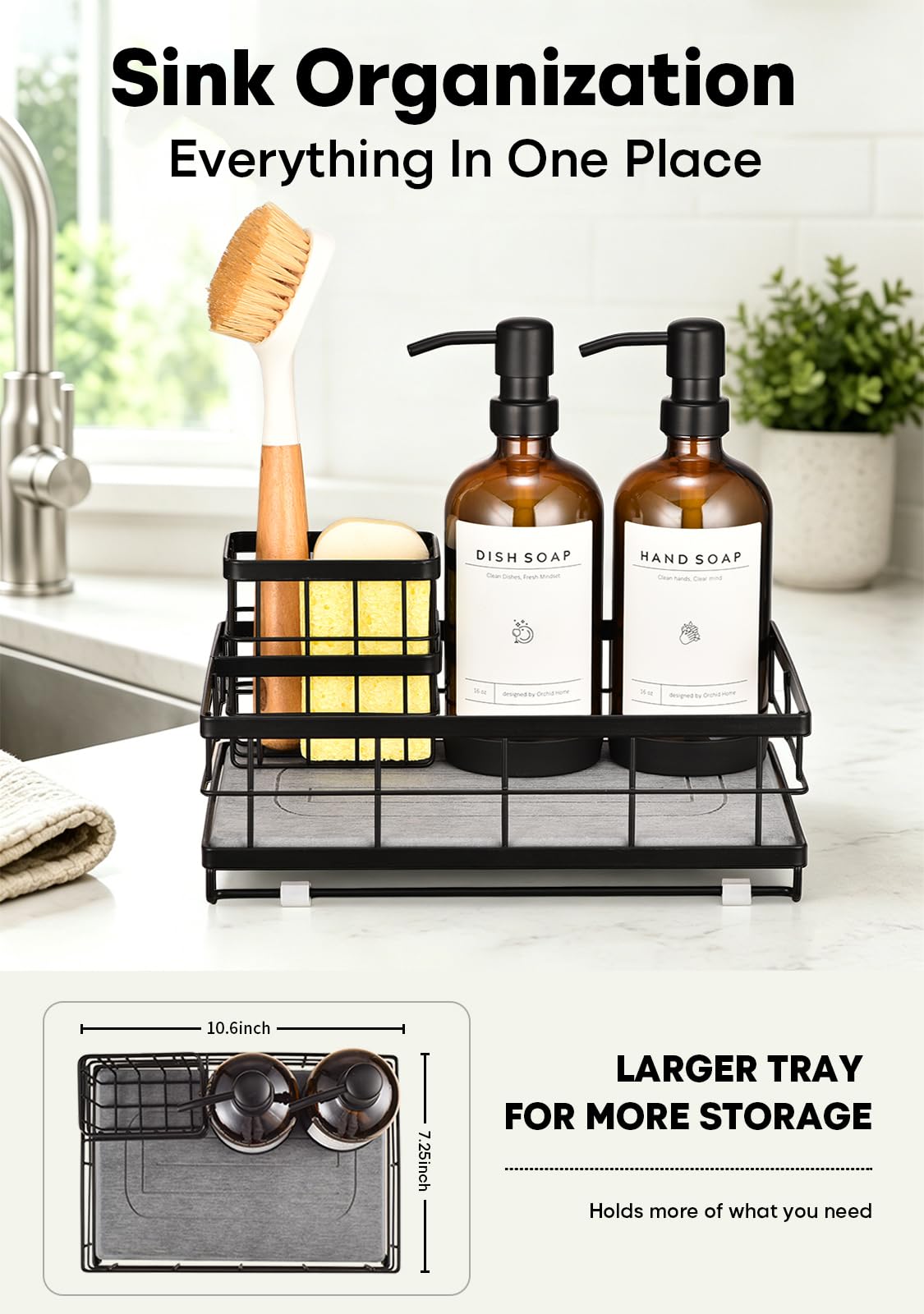 [Extra Large] Kitchen Soap Dispenser Set, 2 Glass Dish Soap Dispensers with Stainless Steel Pumps, Quick-Dry Stone Tray, Sink Caddy Organizer with Sponge Holder, All-in-One Countertop Organization Set