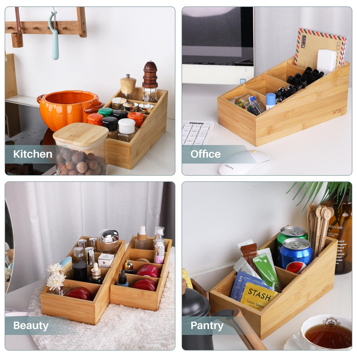 HTB 4-Section Snack Organizer with Removable Dividers for Kitchen 2 Pack