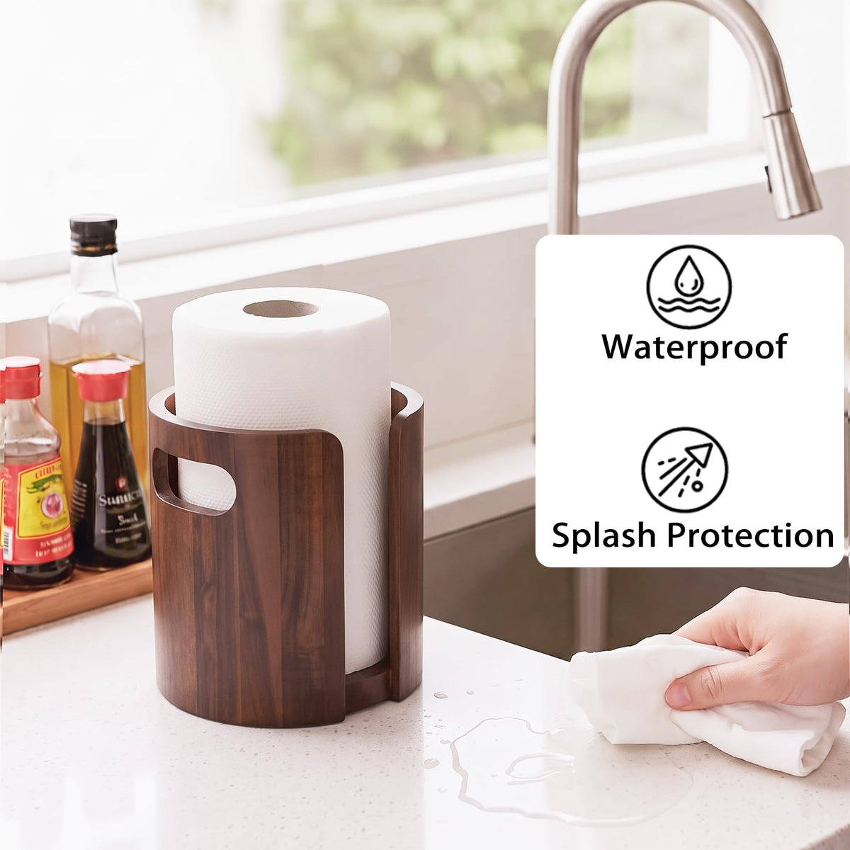 Acacia Wood Paper Towel Holder for Countertop with Splash Guard & Handles