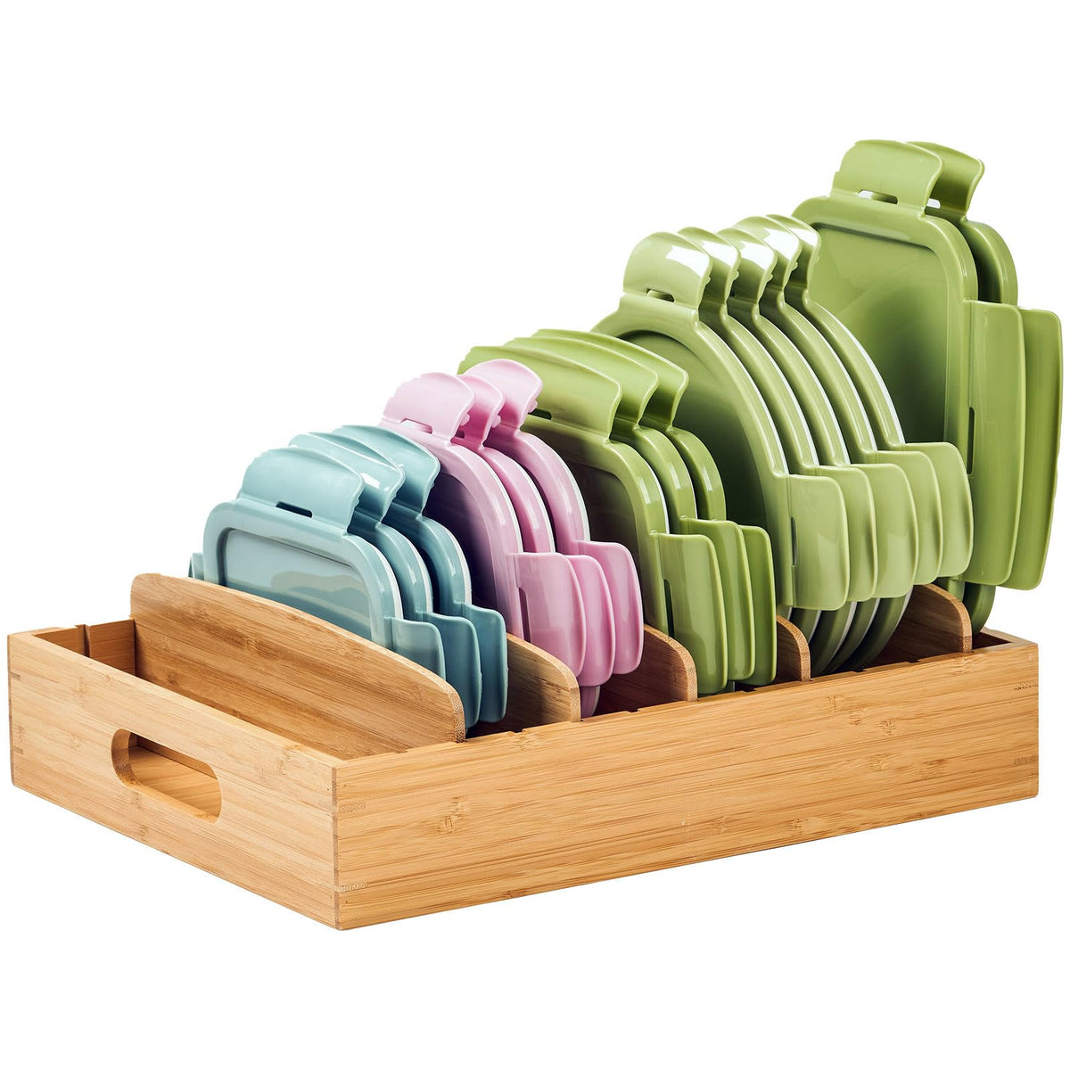 Umilife Large Bamboo Food Container Lid Organizer for Kitchen Cabinet