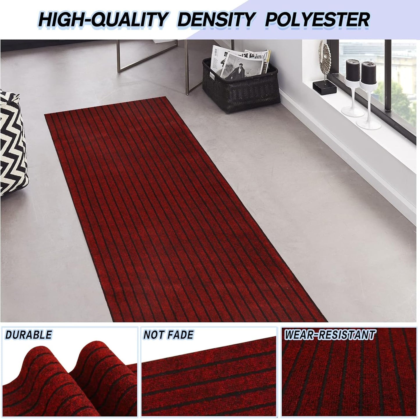 Custom Size Backed Non-Slip Area Rugs Runner, Easy Clean, Waterproof Runner Rugs for Hallway Entryway, Kitchen, Laundry, 3FT x 18FT, Red Stripe