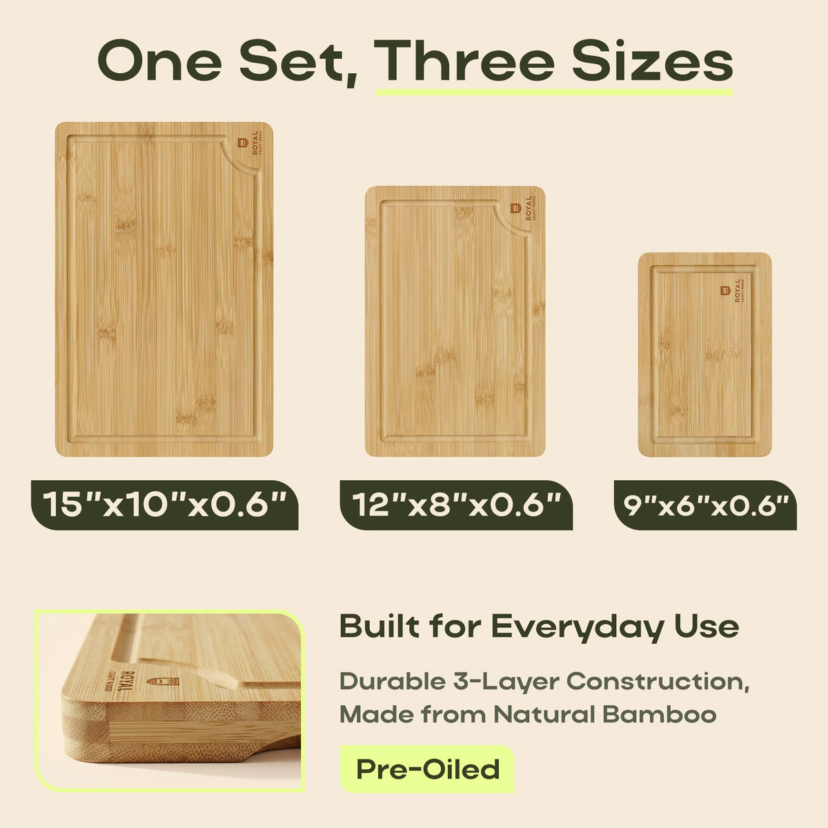 ROYAL CRAFT WOOD Wooden Cutting Boards for Kitchen Meal Prep & Serving - Bamboo Wood Serving Board Set with Deep Juice Groove Side Handles - Charcuterie & Chopping Butcher Block for Meat