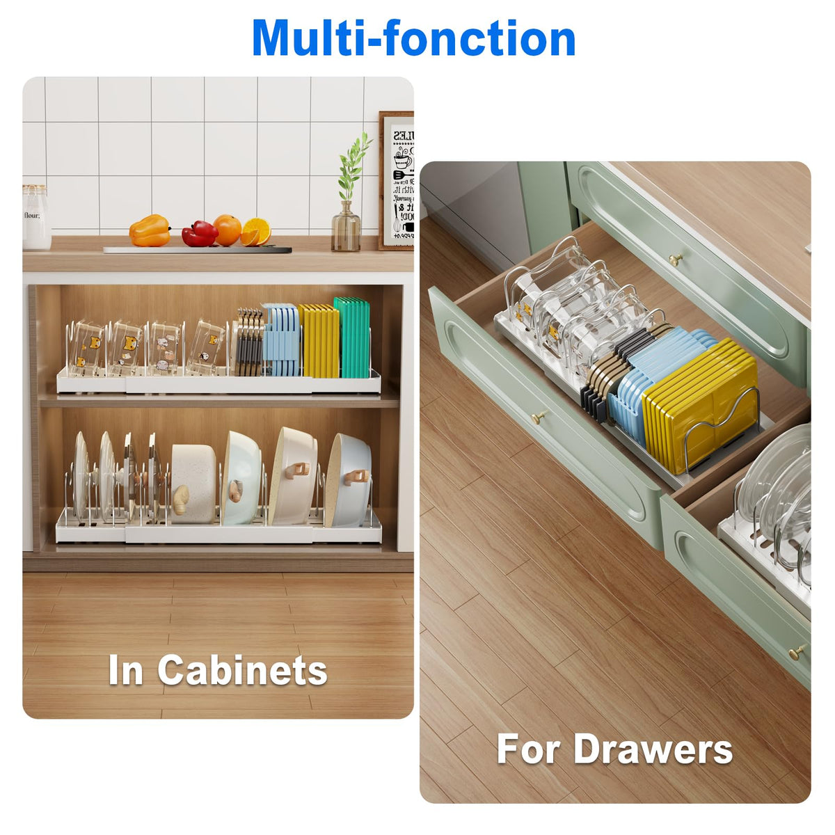 Mustorn 2 Pack Pots and Pans Organizer Under Cabinet, 22" Expandable Food Storage Container Lid Organizers with 9 Adjustable Dividers Pot and Pan Lid Holders Rack Inside Cabinet/Countertop(White)