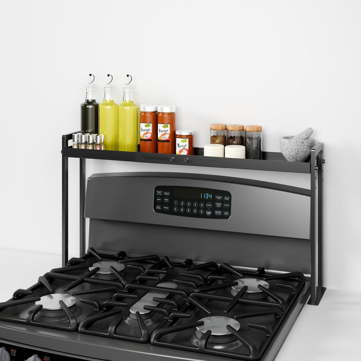Bumusty Adjustable Stove Top Shelf, 4-Level Spice Rack, Black