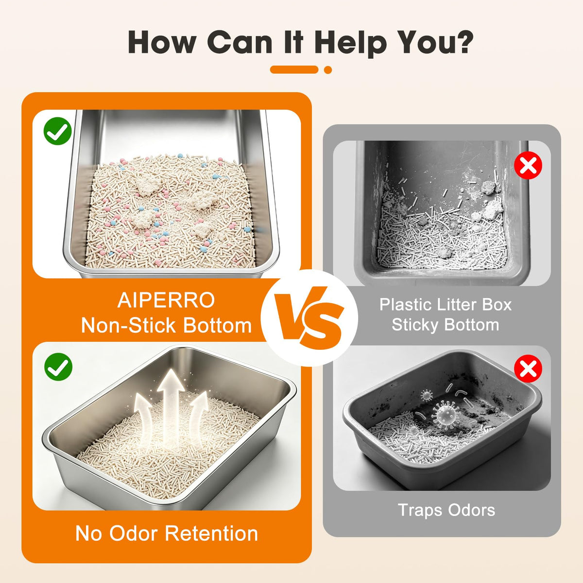 AIPERRO Stainless Steel Litter Box with Lid, High Sided Cat Litter Box