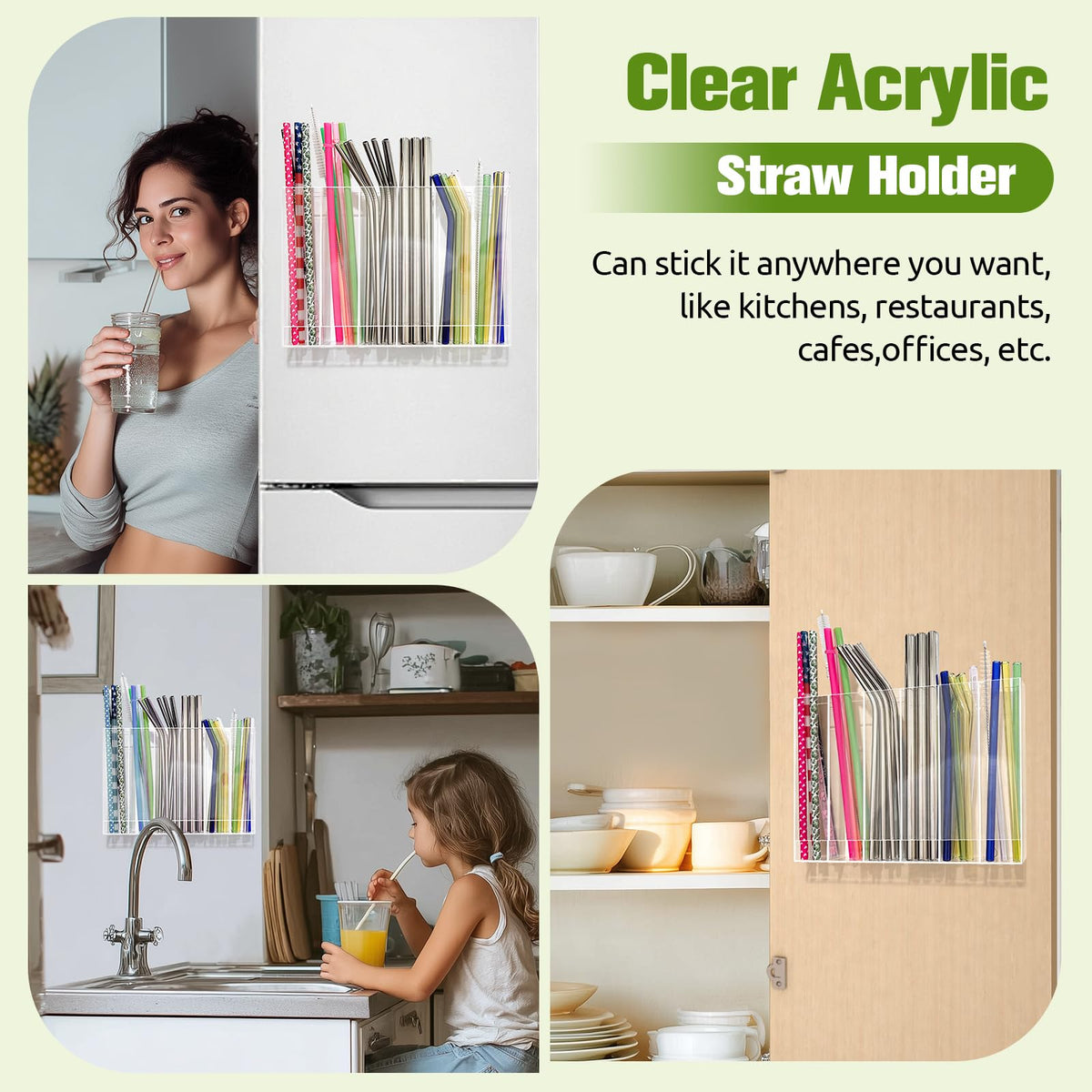 9.6” Large Acrylic Straw Holder for Cabinet Door - 6 compartments, easy to clean, Reusable Tumbler Straw Organizer Storage, Small Kitchen Accessories Container, Ultra Sticky Cupboard Door Mounted