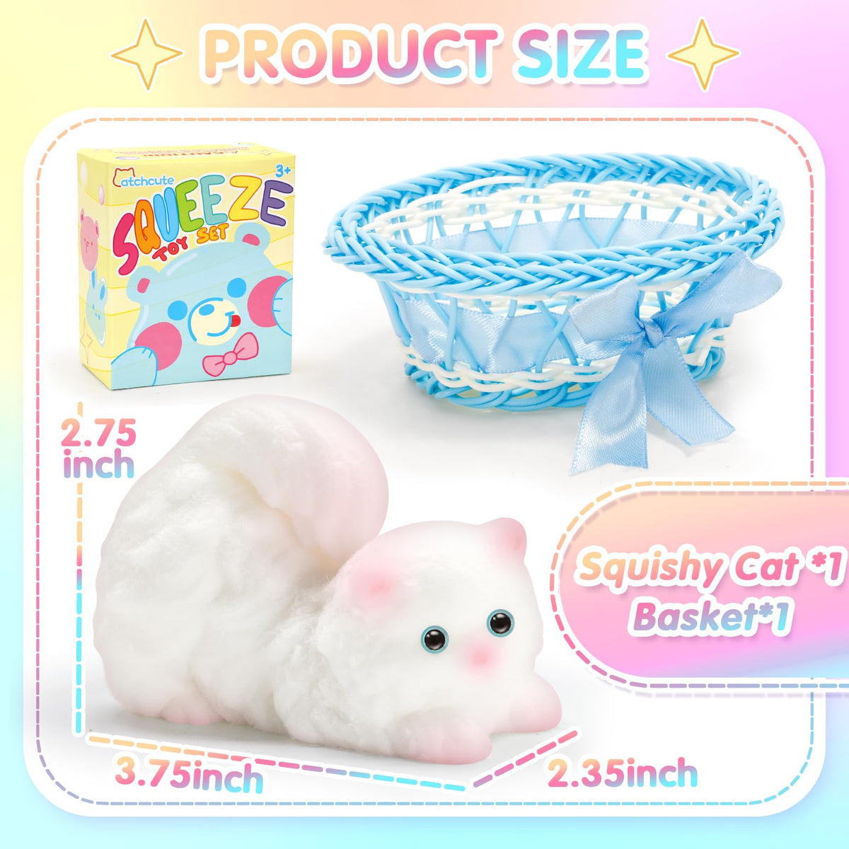 CatchCute Big Squeeze Cat Toys with Basket,Soft Cat Squishies Sensory Fidget Toys for Stress Anxiety Relief, Sticky Toys Party Favors Christmas Birthday Gift for Kids Teens