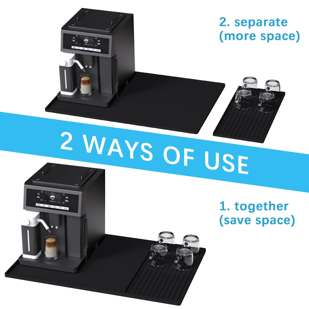 Golener Silicone Coffee Mat Set - 24" x 16" Coffee Bar Mat for Countertop, Kitchen Station Pad Accessories Fit Under Coffee Maker or Machine, Dish Drying Mat, Heat Resistant Kitchen Gadget, Black