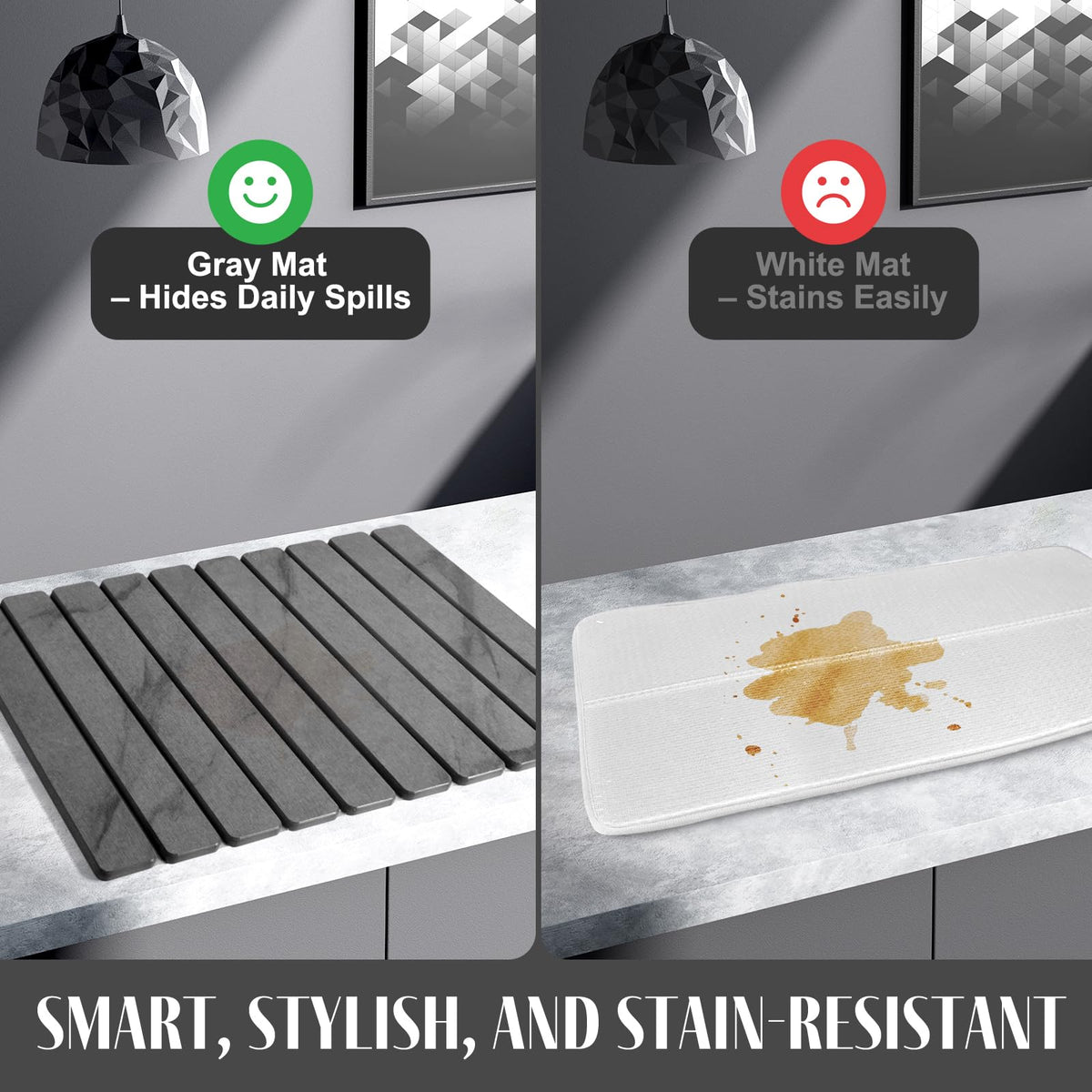 2 PCS Large Stone Dish Drying Mat for Kitchen Counter, 24"×16" Marble-Pattern Dish Drying Mat with 8"x 4" Coasters, Non - Slip Collapsible Absorbent Mat for Multi - Purpose, Match Any Countertop【Gray】