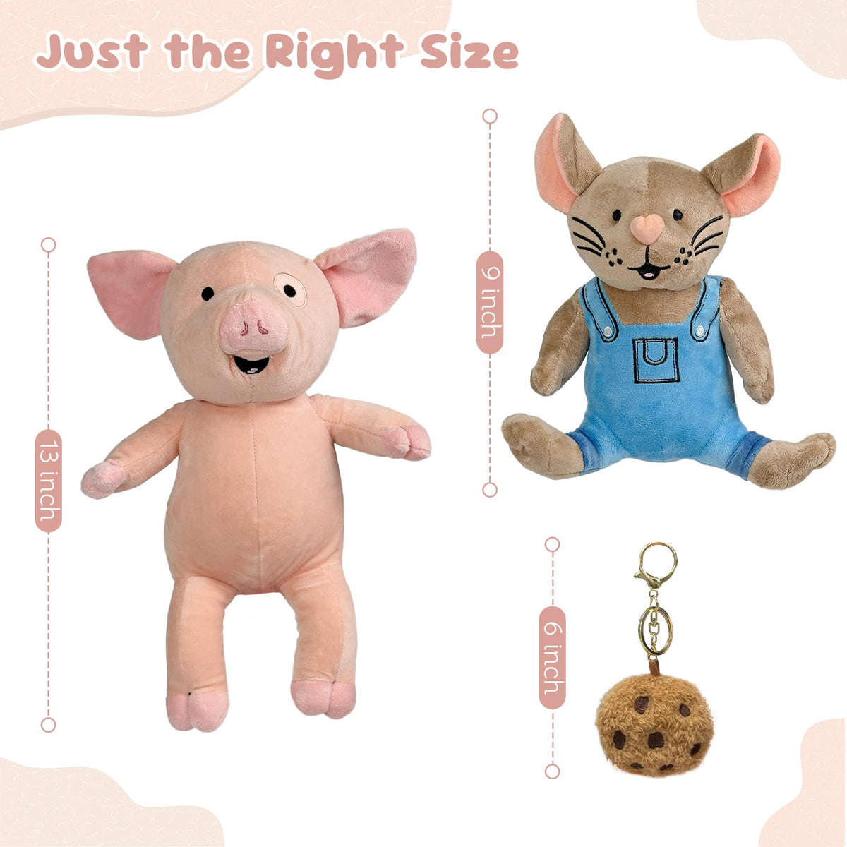 Pig & Mouse Plush Set with Cookie Keychain, Reading Buddy Gift for Kids
