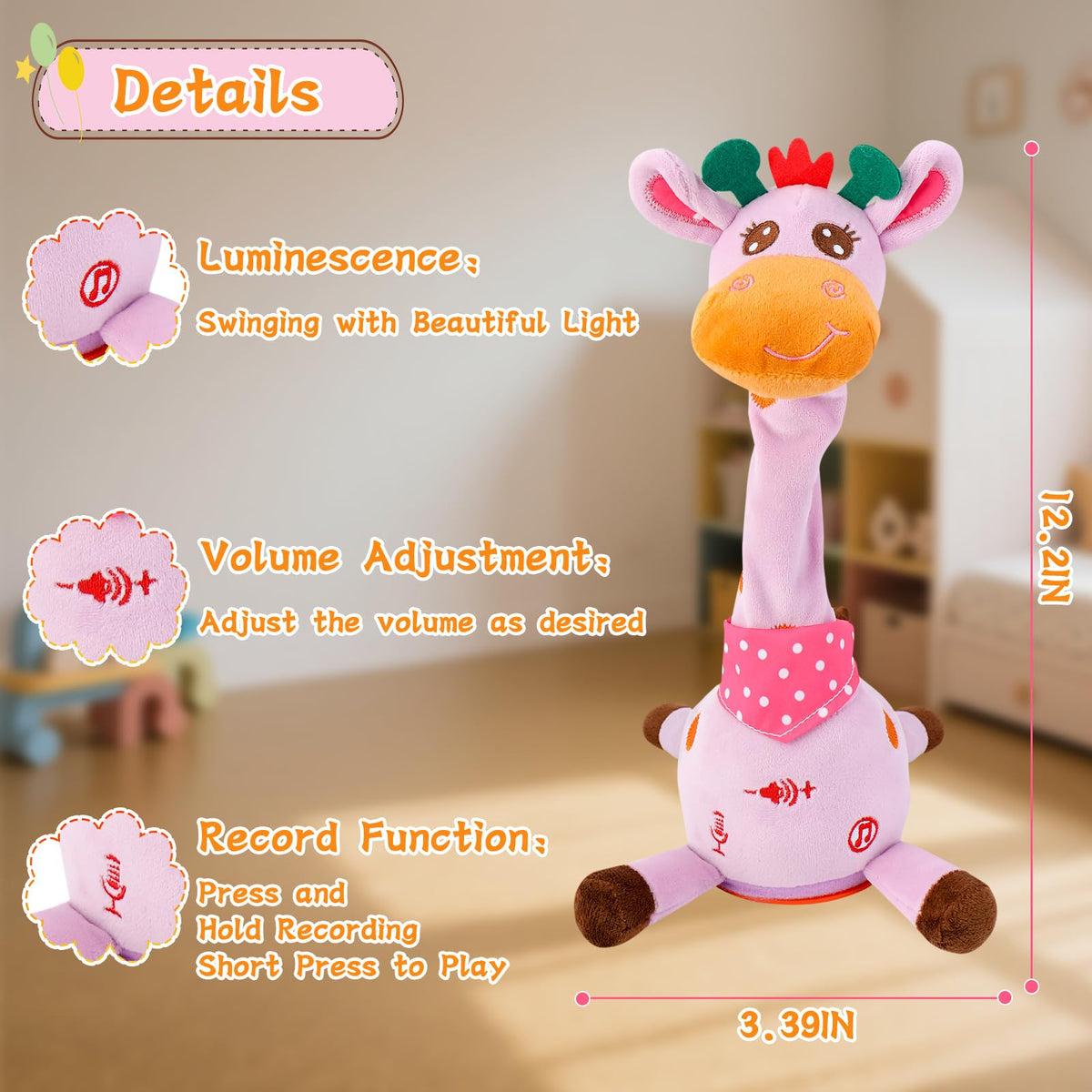 LLUKEME Dancing Talking Giraffe Toy Singing Giraffe Baby Toys, Purple