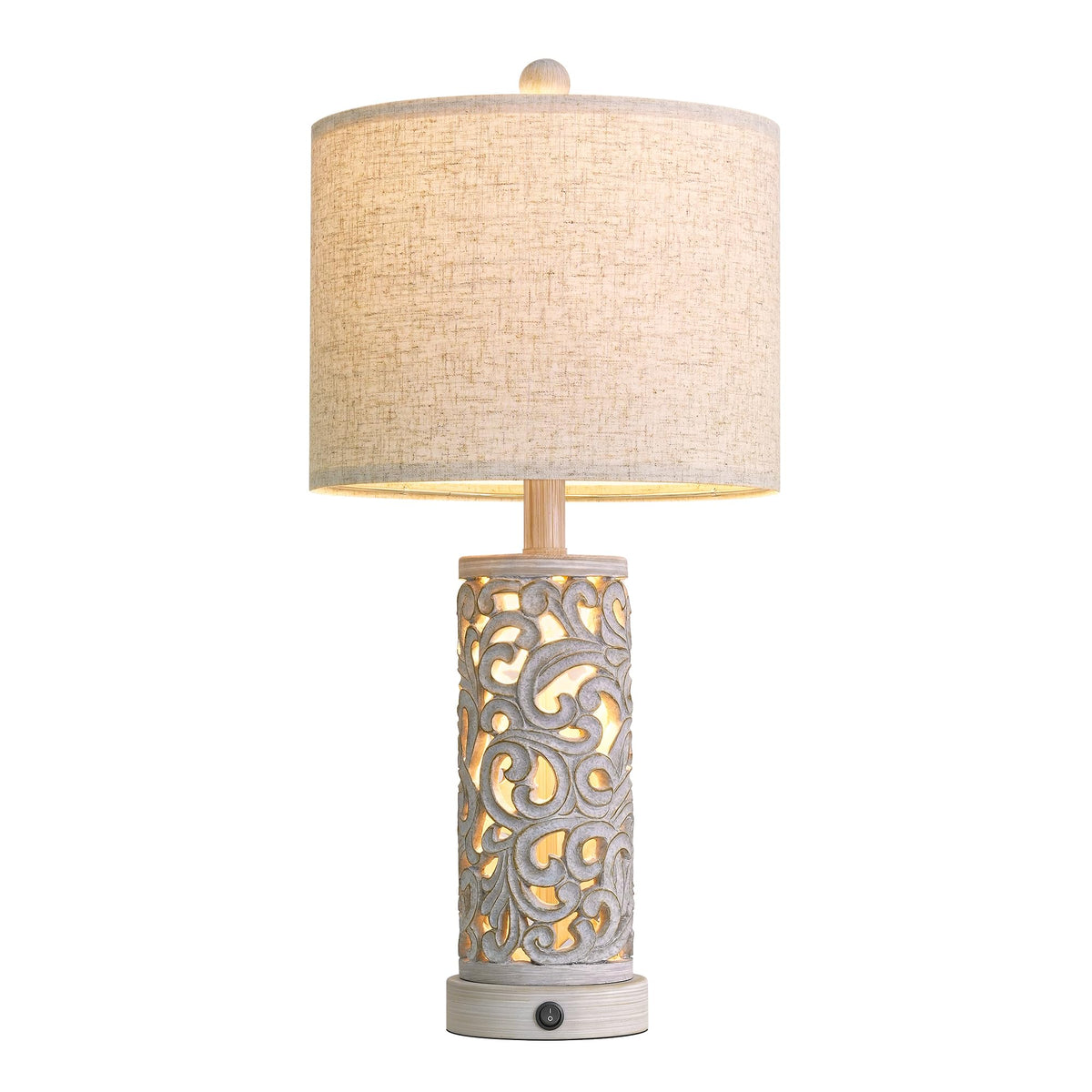OYEARS 22'' Farmhouse Table Lamp for Living Room, Bedside Lamp with 2 USB Ports for Bedroom, Rustic Nightstand Lamp with Linen Lampshade for Office Hallway Home Decor, Distressed Grey (Bulb Included)