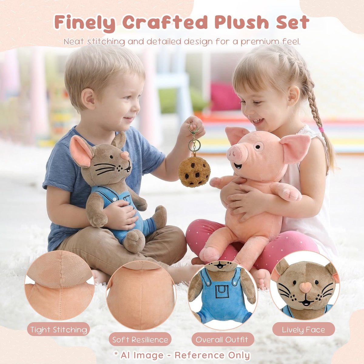 Pig & Mouse Plush Set with Cookie Keychain, Reading Buddy Gift for Kids