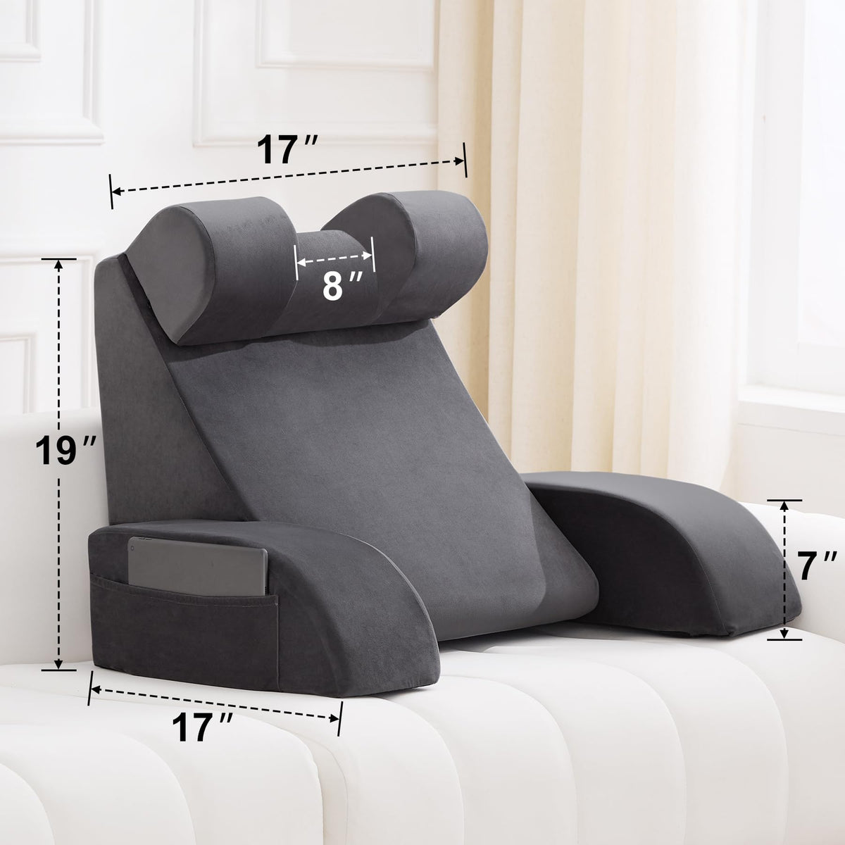 Velorose 19" Reading Pillow for Sitting Up in Bed, Flip-Up Headrest, Grey