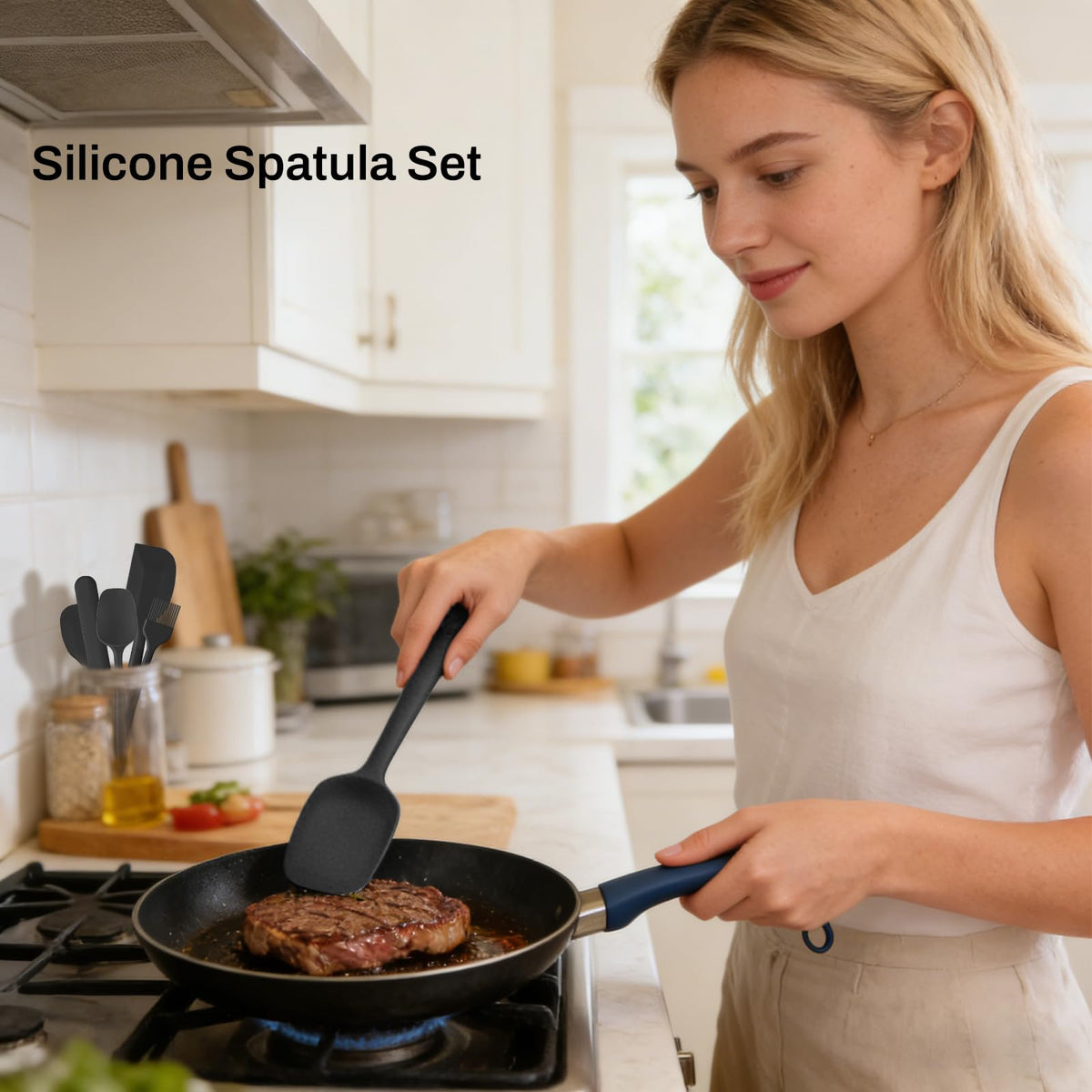 NileHome 6 Pieces Silicone Spatula Set with Silicone Brush,Mixing-Black