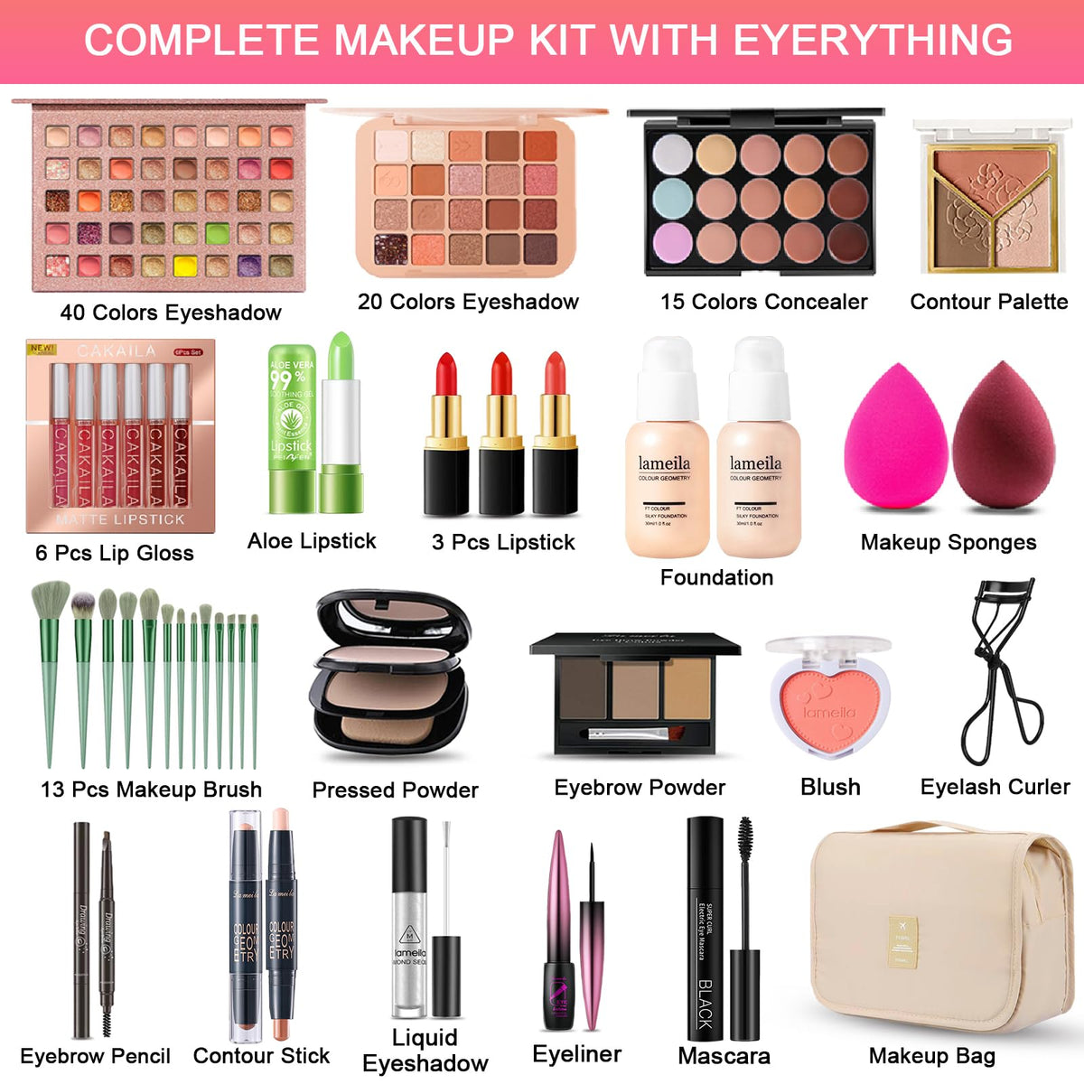 All in One Makeup Kit for Women Full Kit, Professional Travel Makeup Kit for Women & Teens, Foundation Eyeshadow Lipstick Brow Pencil Eyeliner Contour Powder, Complete Make Up Gift Set for Beginners