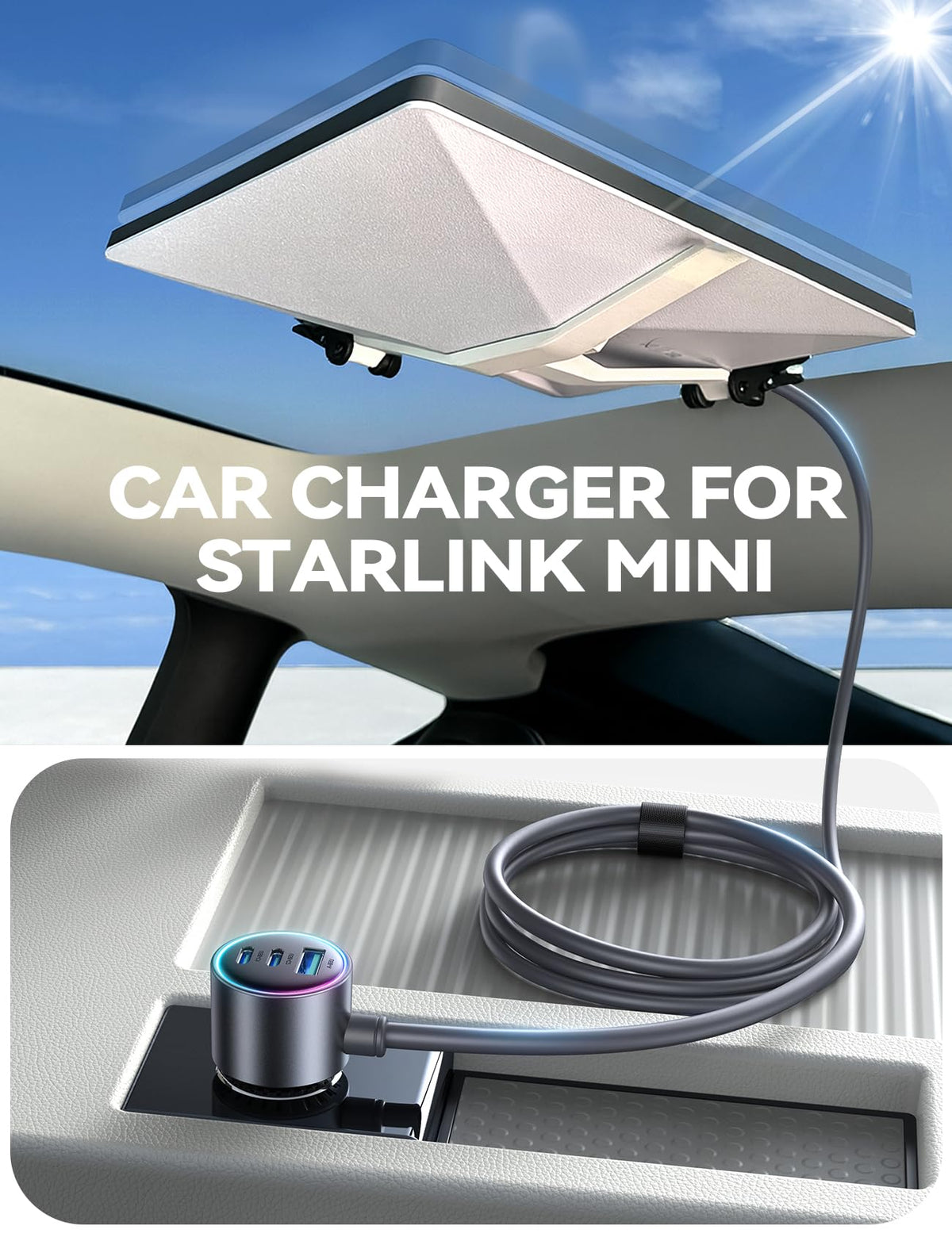 Starlink Mini Car Adapter with 10FT Cable, Dual PD 45W+USB 30W, 12V-24V