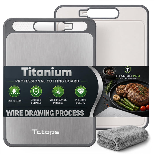 Titanium Cutting Board for Kitchen, Double-Sided Cutting Board with Pure Titanium Side & Food-Grade PP Side, Knife Sharpener, Juice Groove, Dishwasher Safe, 15" × 10.4"