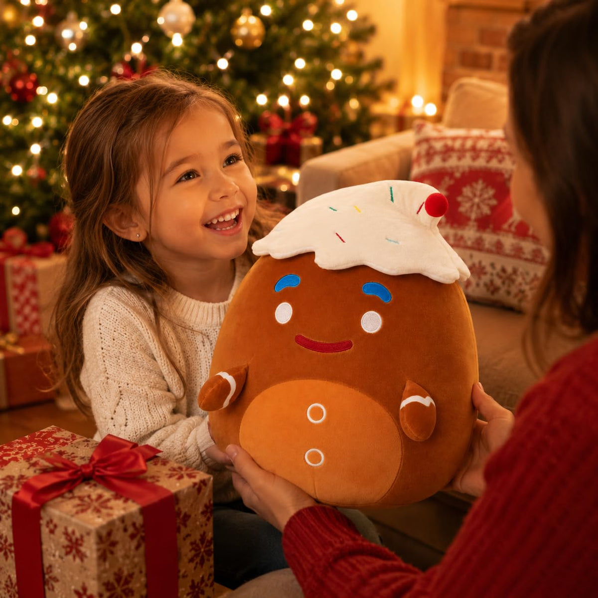 Christmas Gingerbread Man Plush Toy with Frosting Hat, Plushie Pillow 12"