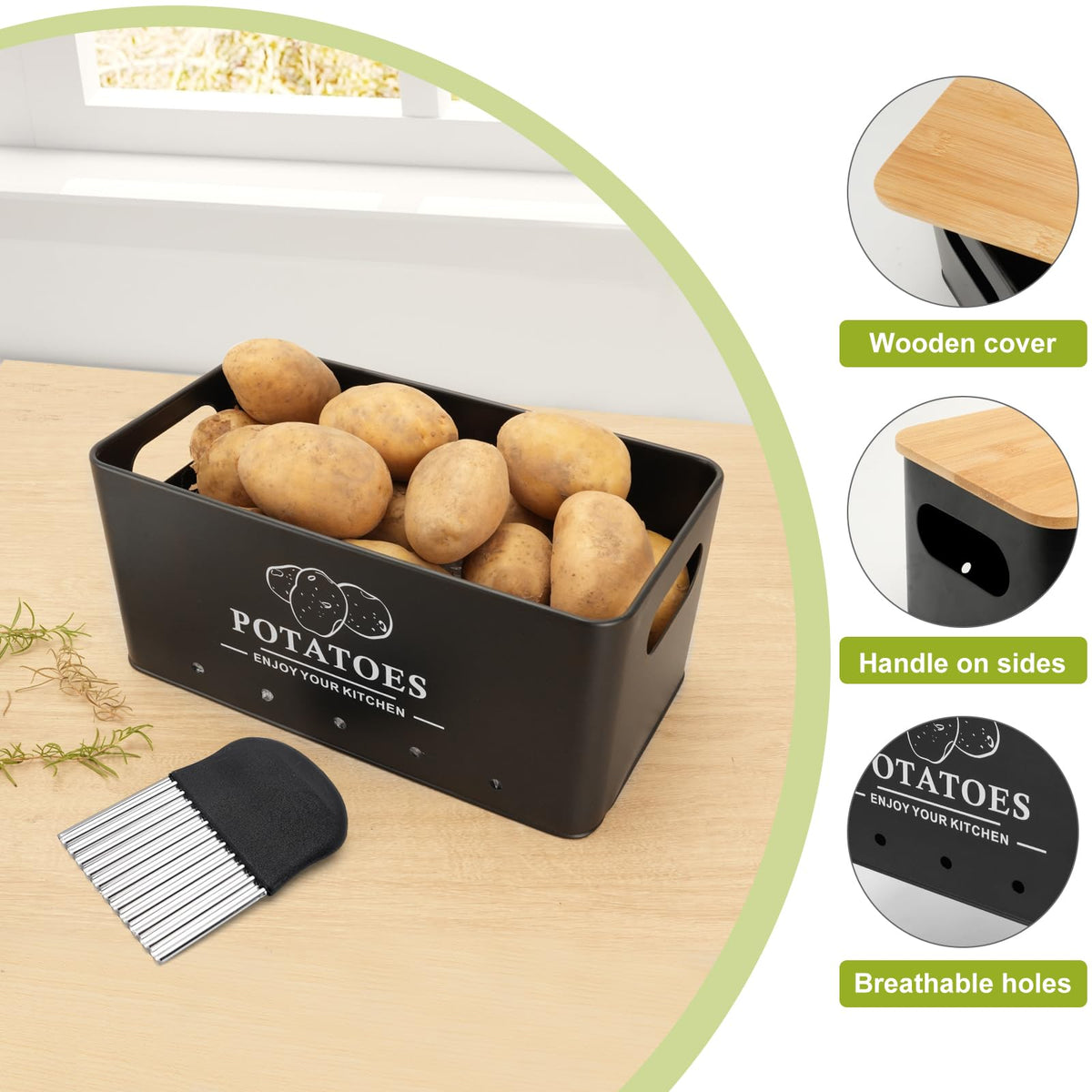 Dekosilave Kitchen Vegetable Storage Set of 3, Metal Onion Garlic Potato Storage Set, Kitchen Canisters Vegetable Keeper Containers with Aerating Holes and Bamboo Lid,Black