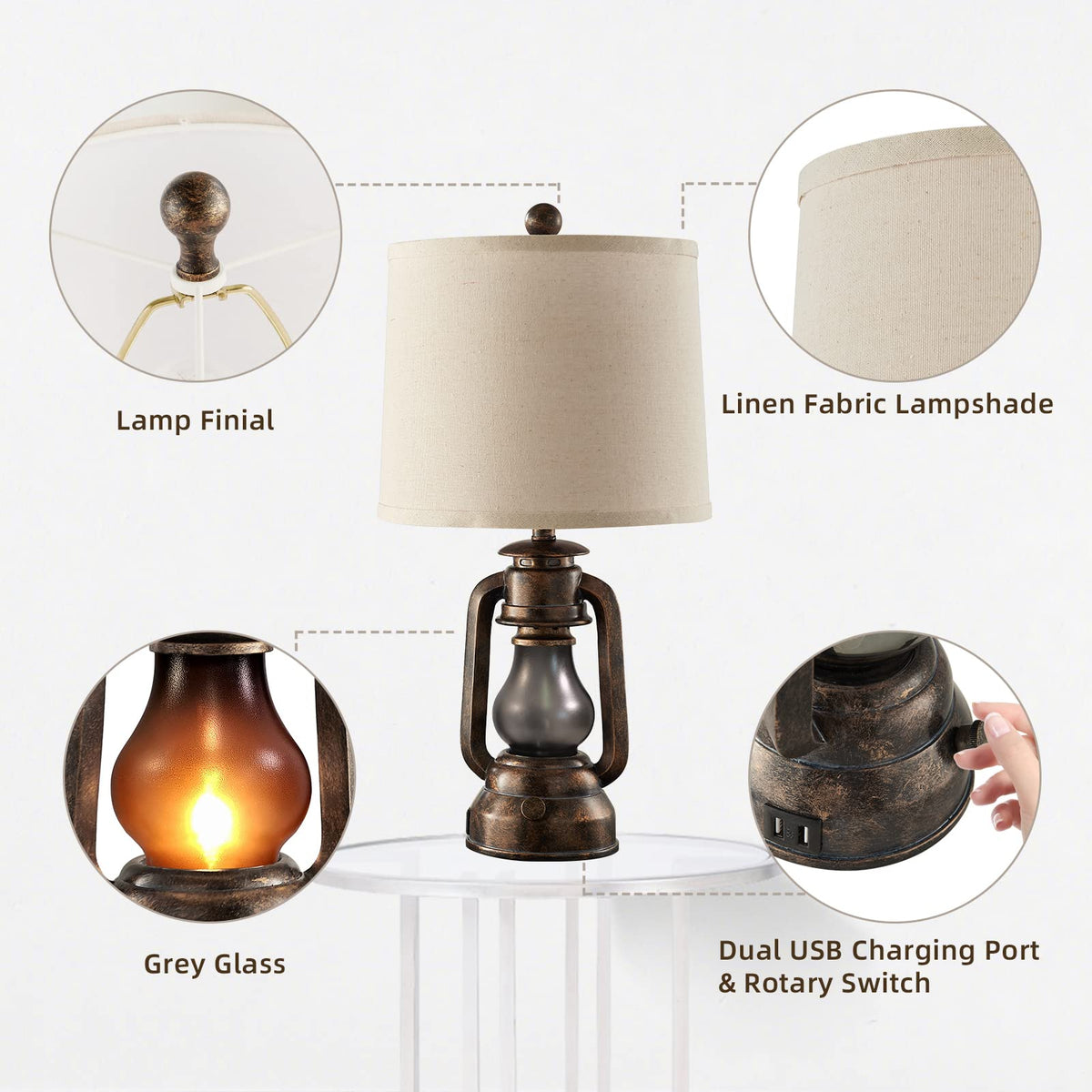 RORIANO Farmhouse Lantern Table Lamps for Living Room Set of 2 with USB C+A