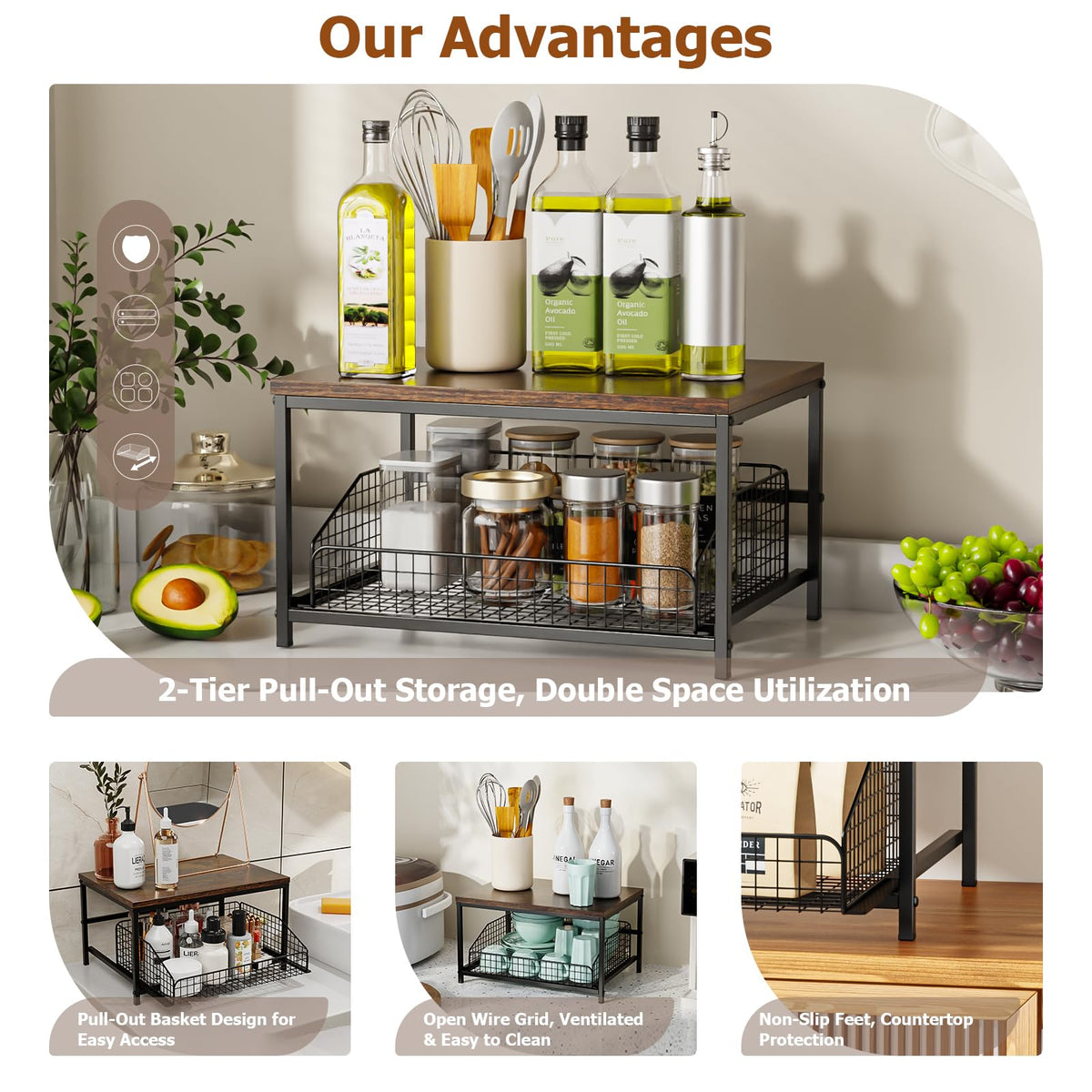 KLM Pull Out Spice Rack Organizer for Cabinet,Rustic Wood Top with Wire Basket Storage,Kitchen Countertop Organizer and Storage for Pantry, Counter top,Coffee Station Wood. (Brown)