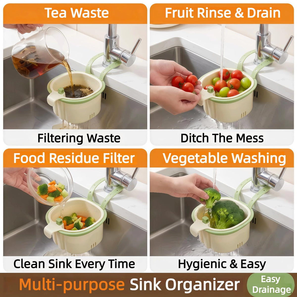 One-Click Hanging Sink Drain Basket, No-Touch Kitchen Sink Strainer Basket with Adjustable Faucet Strap, Fine Mesh Food Catcher for Food Waste, Fast Drainage, Dishwasher Safe, Fits All Kitchen Sinks
