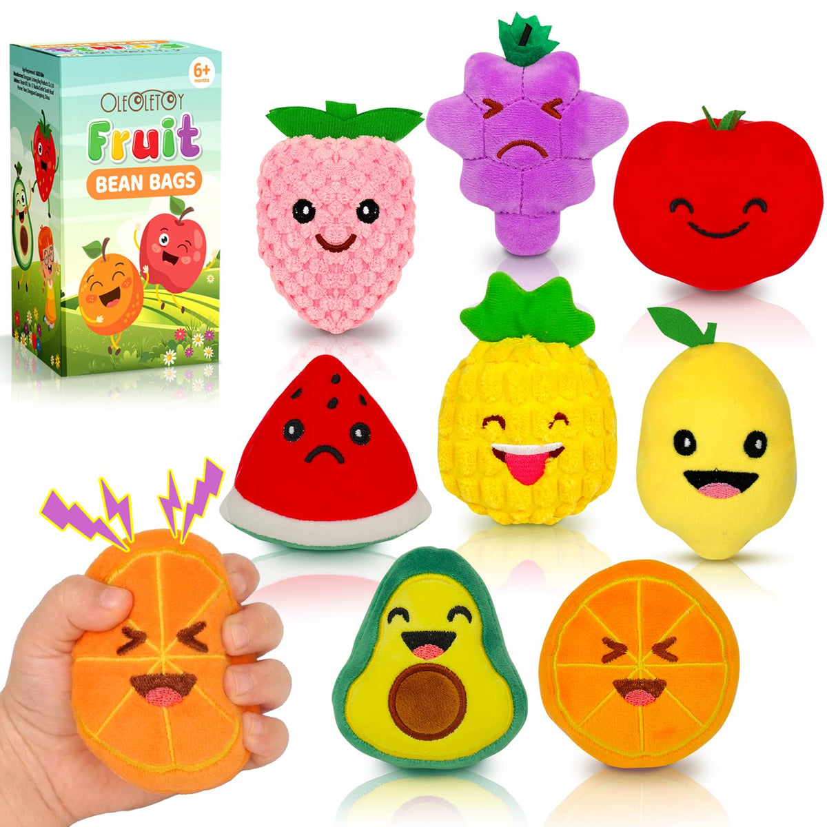 Sensory Toys for Kids, 8 Pack Mini Fruit Soft Stuffed Plush Toy for Girls or Boys as Party Decorations, Toddler Pretend Play Kitchen Food, Strawberry, Avocado, Pineapple and Orange