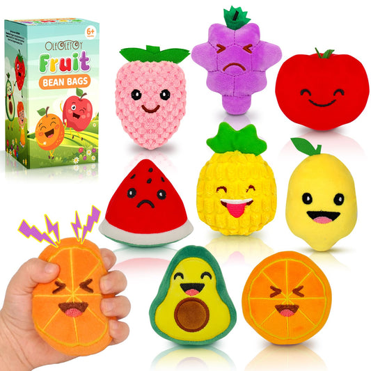 Sensory Toys for Kids, 8 Pack Mini Fruit Soft Stuffed Plush Toy for Girls or Boys as Party Decorations, Toddler Pretend Play Kitchen Food, Strawberry, Avocado, Pineapple and Orange