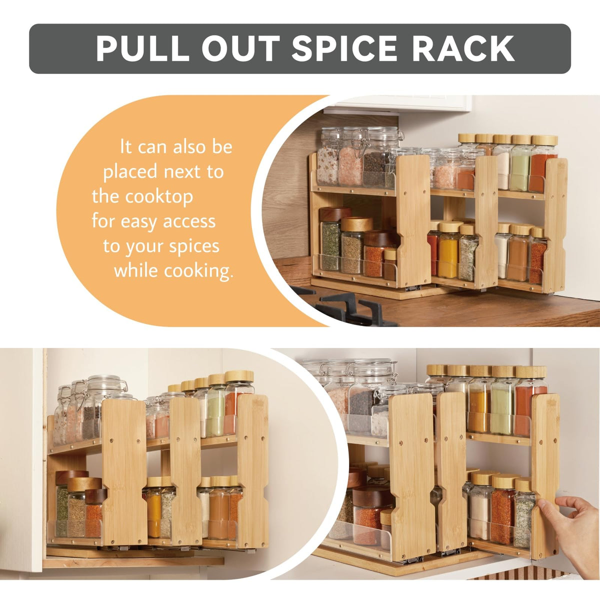Barlorie Bamboo Pull Out Spice Rack Organizer for Cabinet, 3 Slide-Out Drawers(2"&3") with Wide Drawer for Large Bottles, Kitchen Pantry Heavy-Duty Sliding Vertical Organization, 8.6"W,2-Tier,Natural