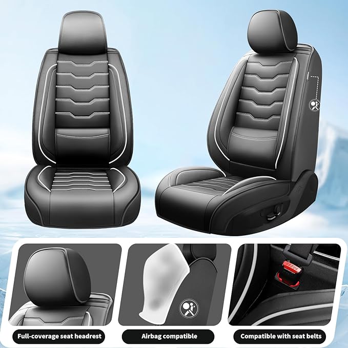 Fit Frontier Car Seat Covers Premium Leather for Nissan Frontier 2009-2025 2026. Waterproof， Breathable, Scratch-Resistant & All-Weather Seat Cushion Protector（Front Seat,White Line Black