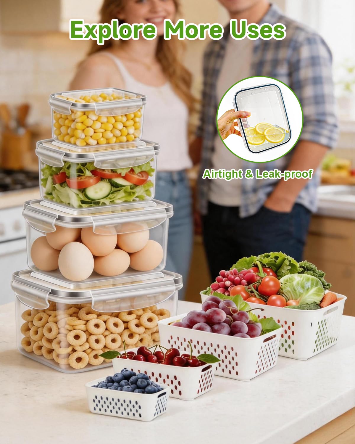 4 Pack Fruit Storage Containers for Fridge Fresh Berry Keeper with Colander