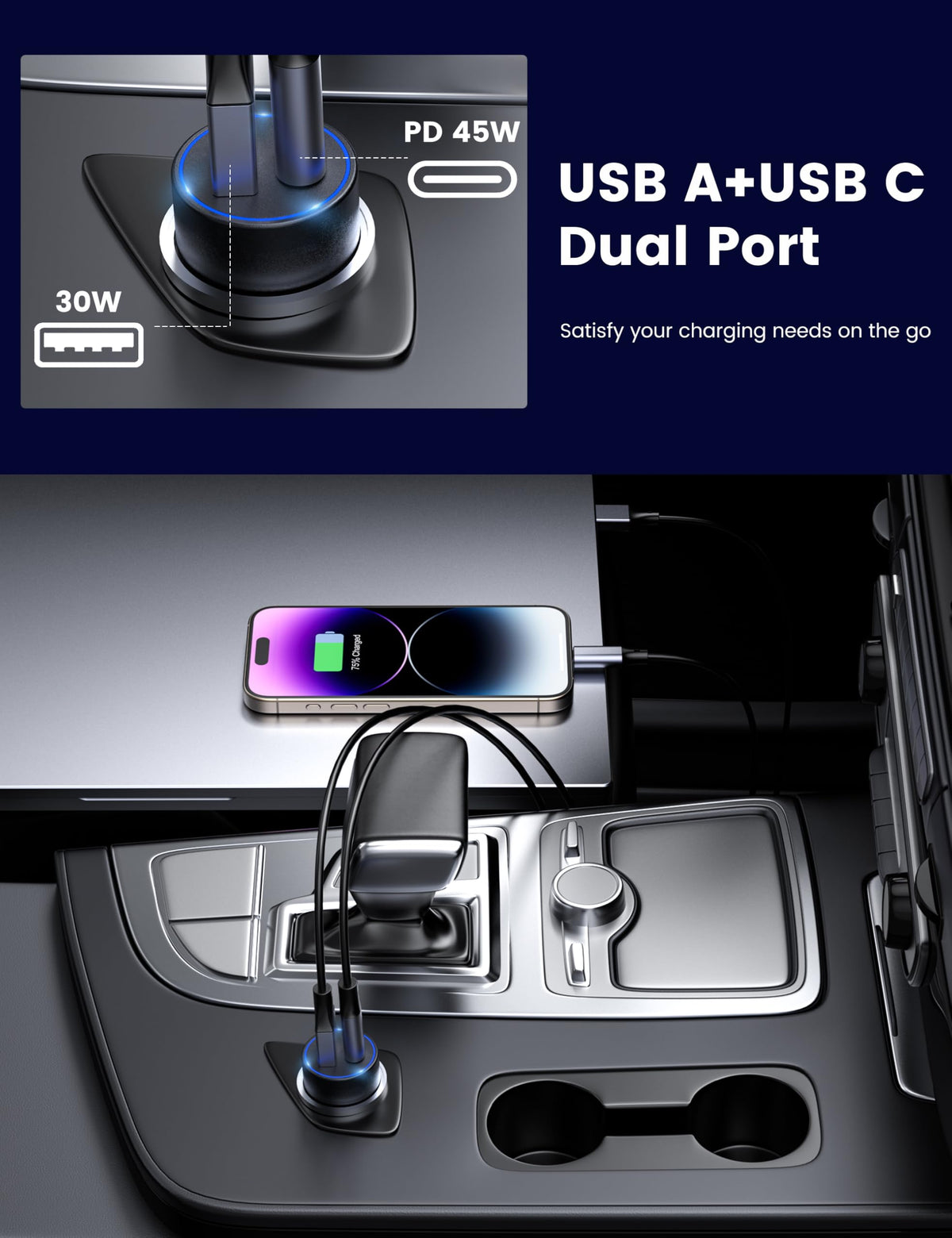 MOSWAG USB C Car Charger, 75W Mini Cigarette Lighter USB Charger