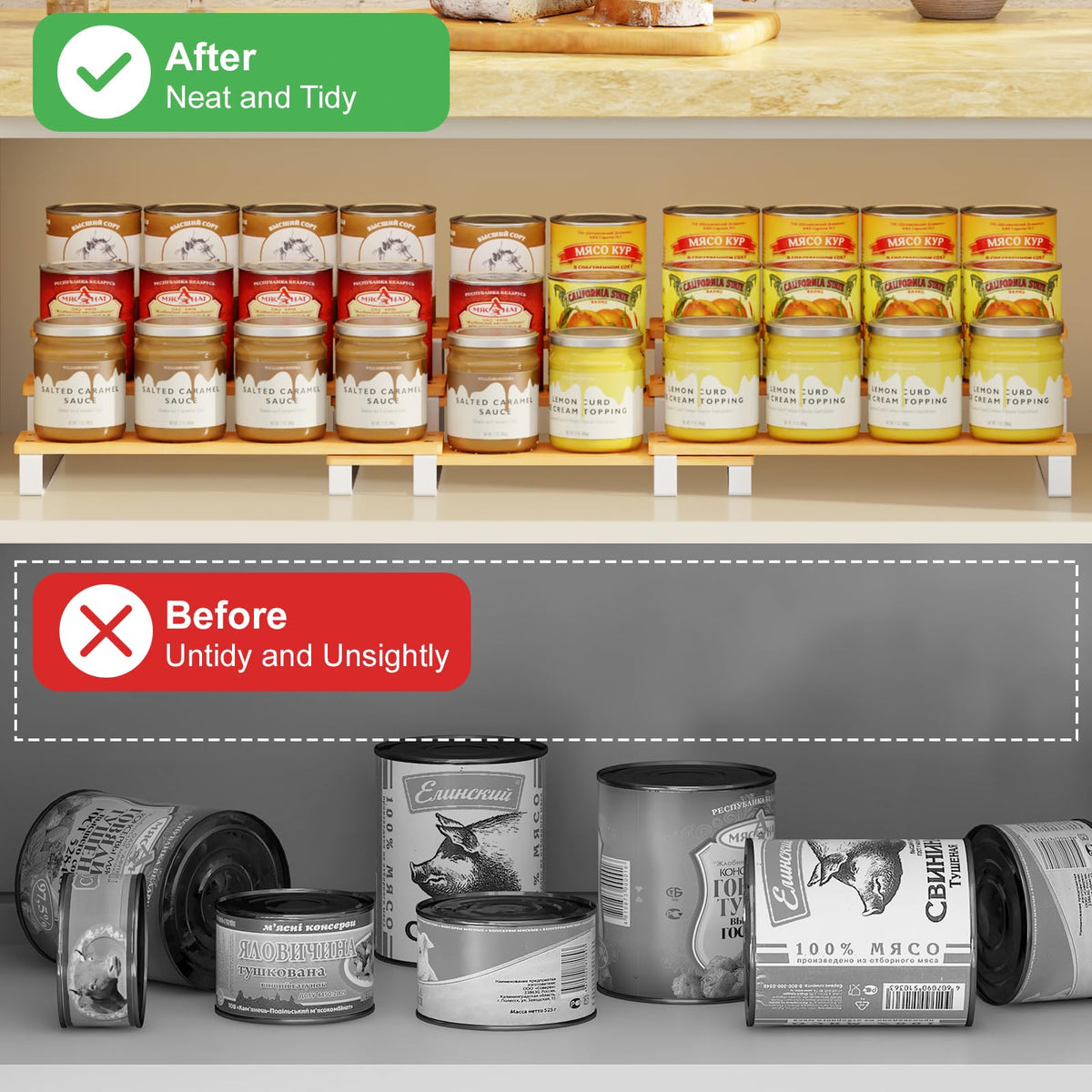 NuoyuanShen 3-Tier Expandable Iron&Bamboo Can Organizer for Pantry Holds Up to 45 Cans,Extra-long Separable Can Organizers and Storage,Can Storage Rack for Pantry Kitchen Cabinet Countertop